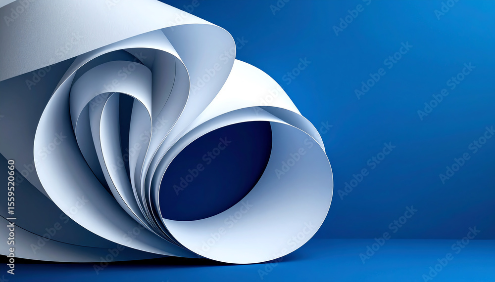 Poster curled white paper against a blue background creates a visually striking abstract composition with s
