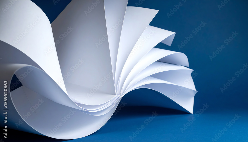 Poster a swirling arrangement of white paper against a blue background, showcasing dynamic folds and curves