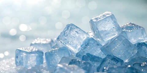 Close up of clear blue ice cubes with sparkling light and bokeh background