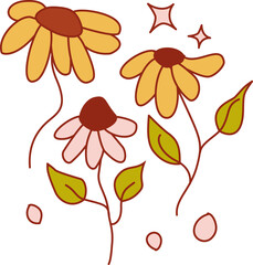 Retro simple florals in vintage illustration. Abstract hand drawn doodle cartoon floral elements, Retro vintage style flower  with sparkle., daisy, aster, chrysanthemum, marigold, calendula,  