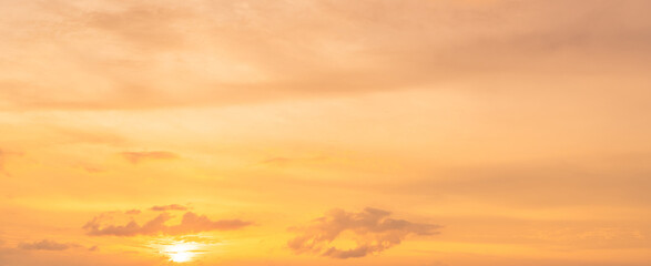 Golden sunset sky, Yellow Sun sky clouds in the Evening summer season golden hour well nature banner backgrounds