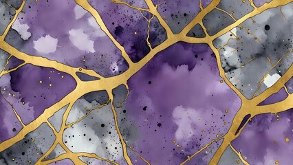 Muted lavender and stone grey watercolor with cracked gold foil veins suggest refined elegance and poise