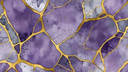 Muted lavender and stone grey watercolor with cracked gold foil veins suggest refined elegance and poise