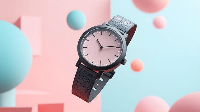3D watch mockup floating in mid-air, surrounded by abstract geometric shapes, pastel background, dynamic layout, bold and modern creative style.