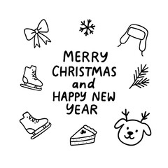Christmas and New Year elements with greeting text, hand-drawn black line doodles, vector on white, sketch style. Ideal for cards, stickers, planners, social media, digital and print designs.