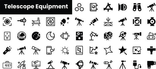 A collection of telescope equipment icons, featuring various telescopes, binoculars, and related tools, presented in a sleek black and white design.