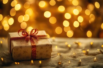 Soft focus golden light bokeh with Christmas gift box on greeting card background, warm holiday vibe