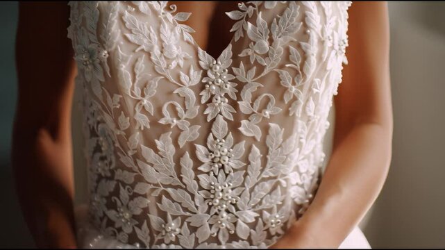 Elegant bridal gown showcases intricate lace detailing and floral embellishments in a serene setting