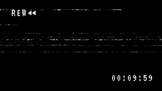 VHS video tape rewind screen on black background. REW VHS video tape,  4K Video Animation