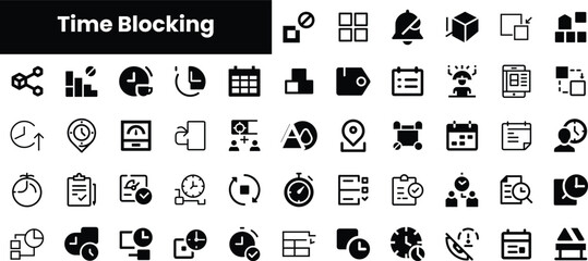 A collection of black and white time blocking icons showcasing clocks, calendars, and productivity elements, perfect for organization and time management themes.