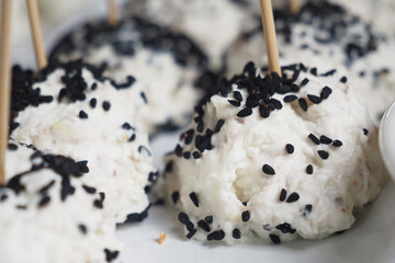 Closeup of cheese with Black Sesame Toppings