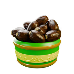 3D illustration of a decorative bowl filled with shiny brown dates, perfect for Ramadan, healthy snacking, or traditional Islamic meals.
