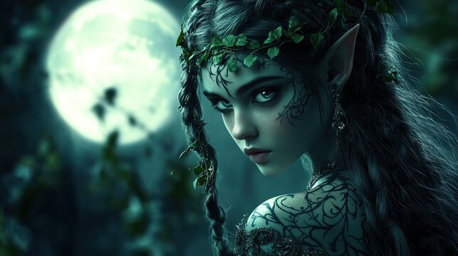 An elf princess with intricate vine tattoos, glowing in moonlight
