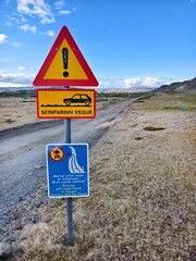 Road sign dangerous road and entry only for four-wheel drive cars in Iceland