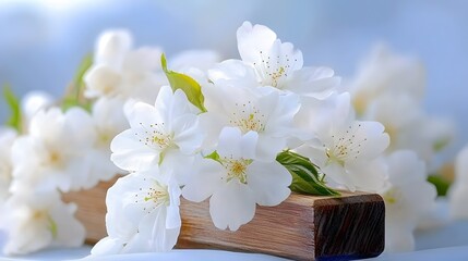 Stunning White Cherry Blossoms on Wooden Block Spring Floral Photography