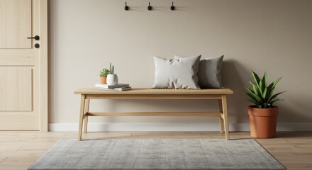 Minimalist Interior Entryway Bench with Cushions and Potted Plants in Neutral Colors