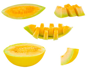 High Quality PNG Picture of orange honeydew melon melon slices isolated on white background