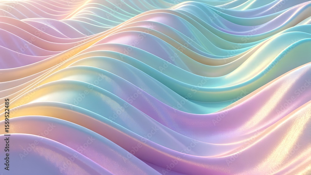 Poster abstract flowing waves of iridescent pastel colors with soft light and shimmering texture creating a