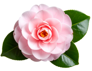 Pink Camellia Flower in Full Bloom with Glossy Leaves, isolated on a transparent background