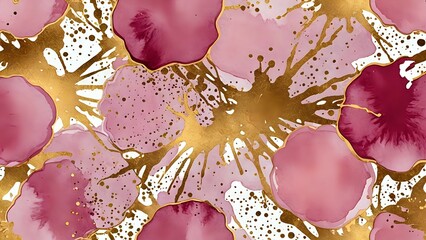 Dusty rose watercolor base with radiant gold splatter accents creates a rich, expressive luxury design