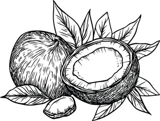 Hand-drawn vector illustration: whole coconut, half coconut, leaves, piece
