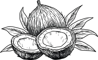 Hand-drawn vector illustration: Tropical coconut halves, detailed sketch, dark ink.