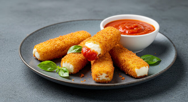 Golden Fried Cheese Sticks With Tomato Sauce And Basil on a Grey Plate Close Up - Powered by Adobe