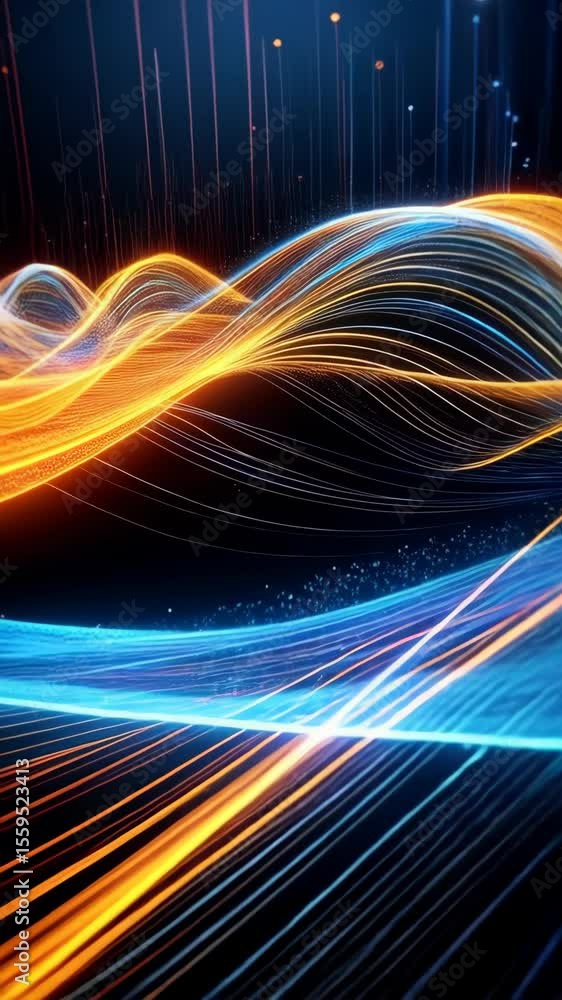 Poster abstract data streams with glowing particles flowing over wave-like structures for digital age backg