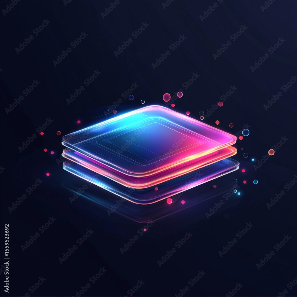 Poster holographic digital workspace with layered graphics for business automation