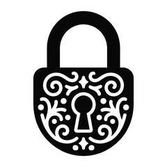 Ornate black padlock with decorative swirls and a keyhole on a white background