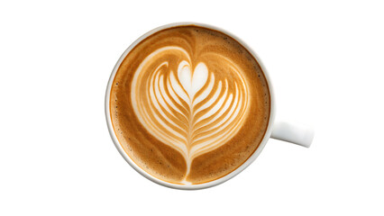 Aerial view of a cappuccino with latte art in a white cup on transparent background