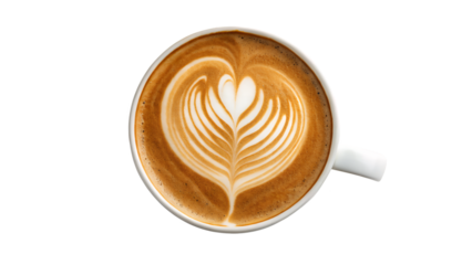 Aerial view of a cappuccino with latte art in a white cup on transparent background