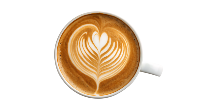 Aerial view of a cappuccino with latte art in a white cup on transparent background