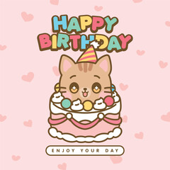 Cartoon cat birthday cake with Happy Birthday text on a pink background