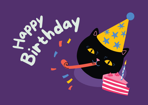 Birthday card showing a black cat with a party hat blowing a horn and a cake slice with a candle on a purple background