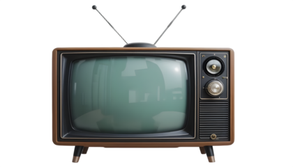 A vintage television set with a wood finish and retro antenna stands against a transparent background, evoking classic media and technology.
