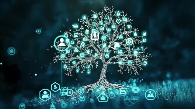 A holographic tree of life branches adorned with glowing icons of various health servicespreventive care emergency services and specialty clinicsspreading across the cityscape.