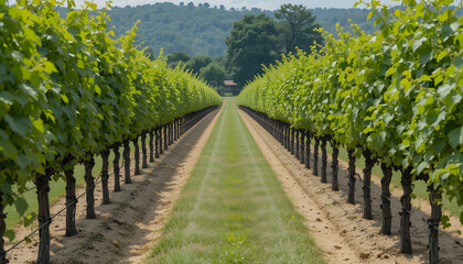 Naklejka premium Grapevine Rows in Lush Vineyard with Hill View – Scenic Agricultural Landscape