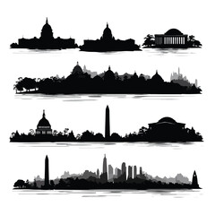 washington dc skyline silhouette set, Black & White silhouette set