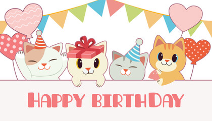 Happy Birthday illustration Four cats wearing party hats  balloons behind a sign with the words HAPPY BIRTHDAY