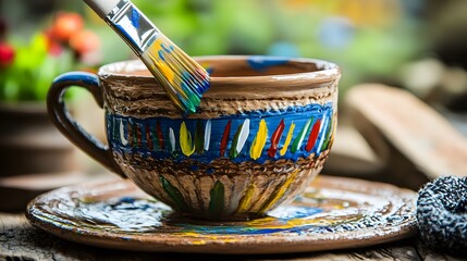 Hand Painted Ceramic Teacup and Saucer Rustic Decor