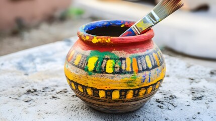 Colorful Hand Painted Clay Pot with Paintbrush