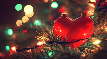 Romantic Red Heart Christmas Ornament on Tree with Lights