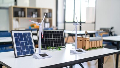 Classroom display of renewable energy models.
