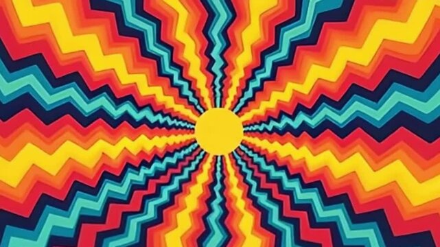 Retro flat vector animated rainbow starburst background loop spinning zigzag psychedelic 4K backdrop

