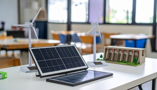 Classroom display of renewable energy models.