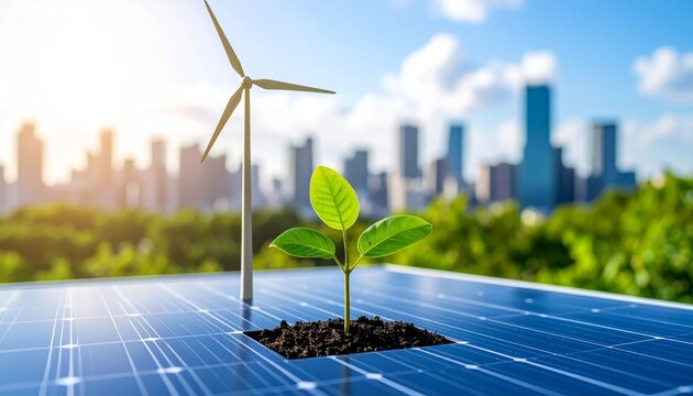 Sustainable energy concept with solar panels and wind turbine in green city. image showcases young plant thriving in vibrant environment, symbolizing growth and eco friendliness