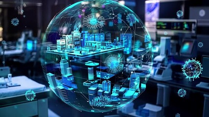 Hologram of planet earth is showing virus cells spreading inside hospital rooms, visualizing global pandemic and utilizing futuristic interface - Powered by Adobe
