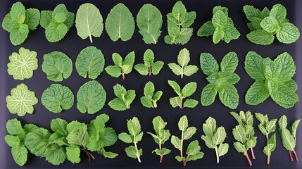 Assortment of Fresh Mint Leaves on Black Background