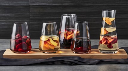 Refreshing Fruit Infused Drinks in Elegant Glassware on Wooden Tray